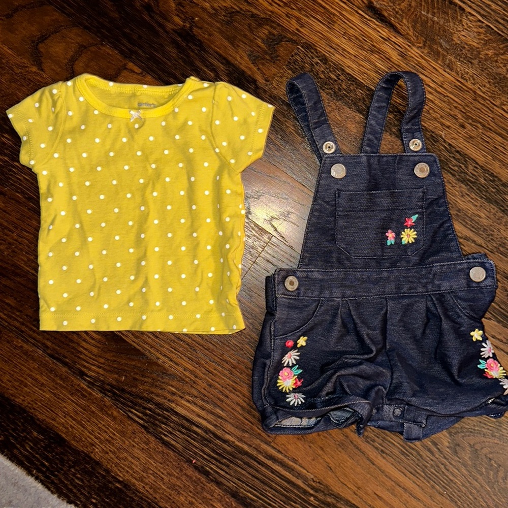Carters set - denim overalls with yellow and white polka dot shirt. It’s a set